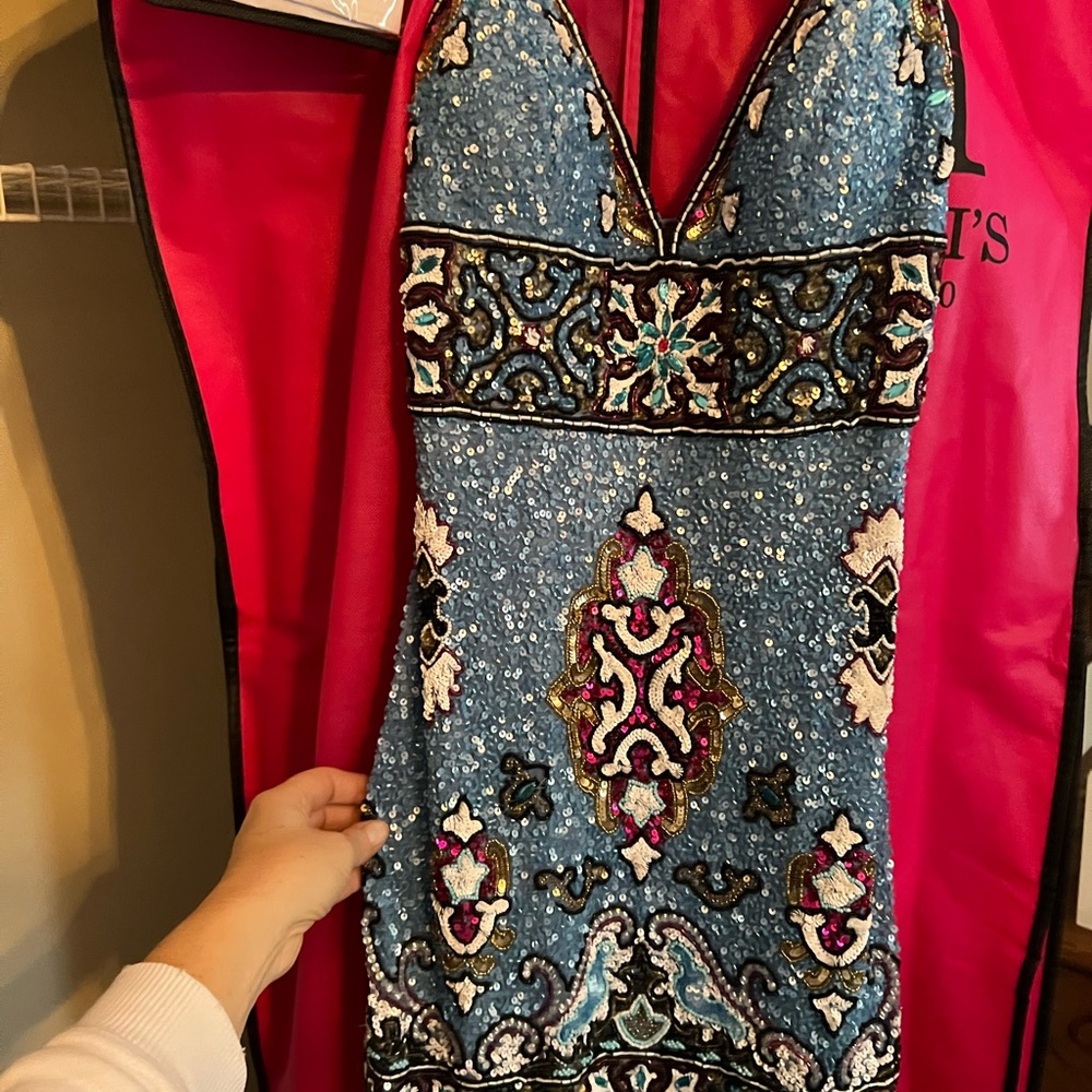 Jovani Blue and Pink Embellished Mini Dress 4